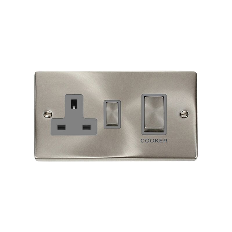 Satin / Brushed Chrome Cooker Control Ingot 45A With 13A Switched Plug Socket - Grey Trim - SE Home