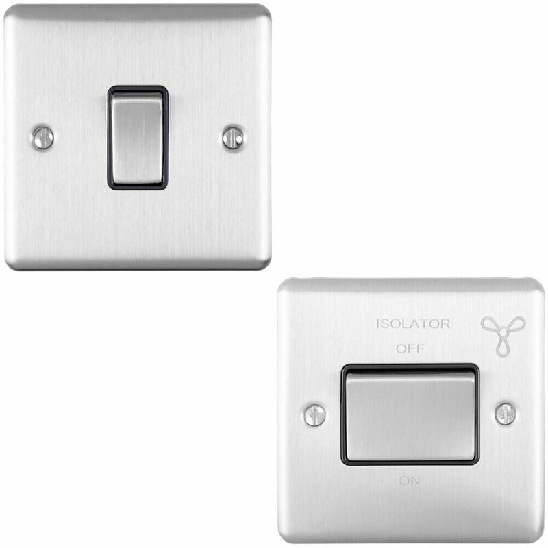 Satin steel Bathroom Switch Set - 1x Light & 1x 6A Extractor Fan Isolator Switch