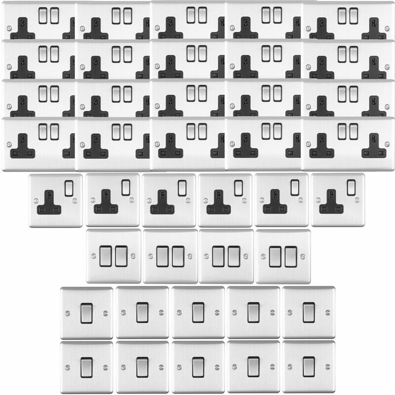 Satin steel House Socket & Switch Set -14x Light & 26x Switched uk Power Sockets