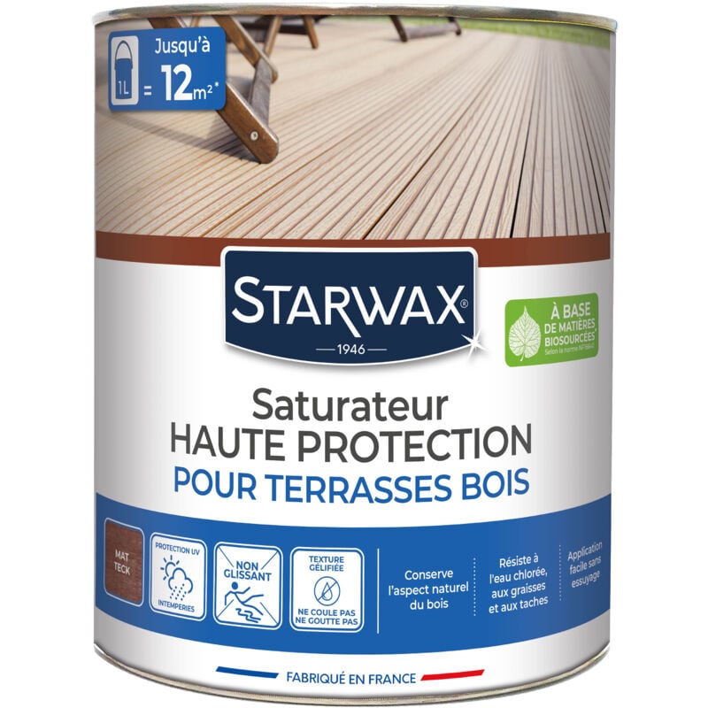 Saturateur application facile pour terrasses et bois extérieurs teck 1L Starwax