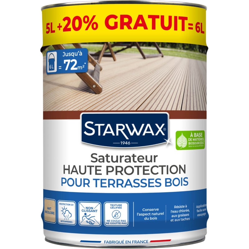 Starwax - Saturateur application facile pour terrasses et bois extérieurs incolore 6L