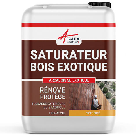 Saturateur Bois Exotique pour Terrasse et Mobilier en teck, Ipé, Cumaru, garapa, itauba ...  : ARCABOIS EXOTIQUE - 20 L (jusqu'à 100 m²) Chêne Doré - Teinte Jaune - ARCANE INDUSTRIES