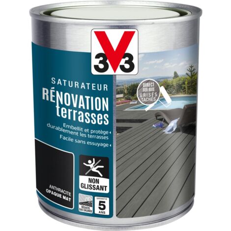 V33 – Saturateur rénovation terrasses anthracite 1L – Haute protection contre l'eau et UV – Sécurité anti-glisse – Rendement 12m²