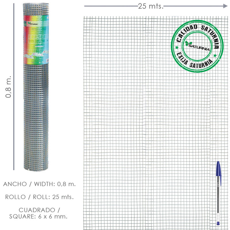 

Malla Electrosoldada Galvanizada 6x6 / 80 cm. rollo 25 Metros Uso Domestico - Saturnia