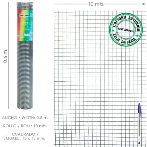 SATURNIA - Malla Electrosoldada Ligera Galvanizada 13x13 Alto 60 cm. Rollo 10 Metros Uso Domestico