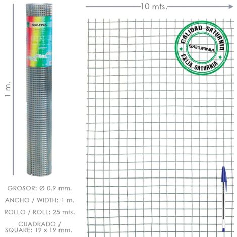 SATURNIA - Malla Electrosoldada Ligera Galvanizada 19x19 Alto 100 cm. Rollo 10 Metros Uso Domestico