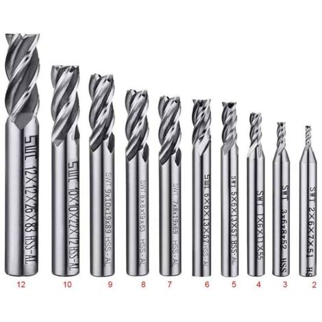 Satz mit 10 Vierschneider-Schaftfräsern (2 bis 12 mm) – HSS-CNC-Schaftfräser-Set für Bohrungen in Holz, Aluminium, Stahl und Titan