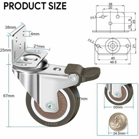 Satz mit 4 Lenkrollen 50 mm, 100 kg Möbelrollen, Typ L Möbelrad mit Bremse, 360° Drehung, für den Innen- und Außenbereich (2 Rollen mit Bremse, 2 Rollen ohne Bremse)