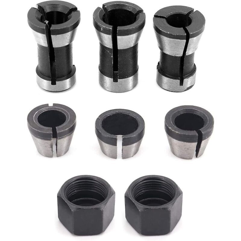 Image of Satz mit 6 hochpräzisen Stahl-Spannzangen für Oberfräsen – 6 mm, 6,35 mm, 8 mm + 2 Muttern