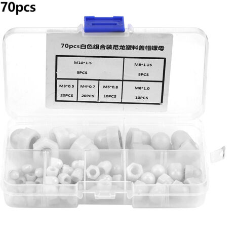 Satz mit 70 Nylon-Glockenmuttern M3/M4/M5/M6/M8/M10 Sechskantmuttern mit gewölbtem Kopf (weiß)