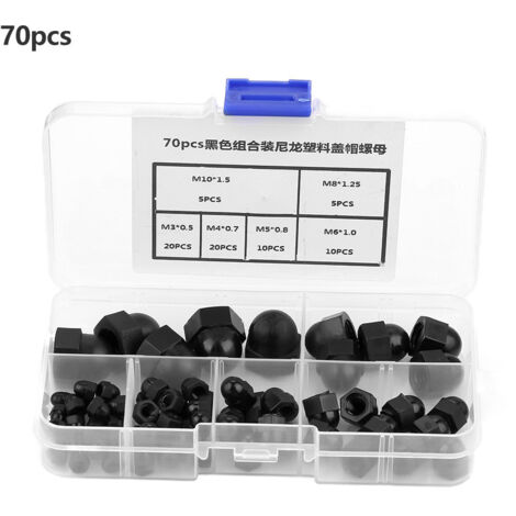 Satz mit 70 Nylon-Sechskantmuttern M3/M4/M5/M6/M8/M10 (Schwarz)