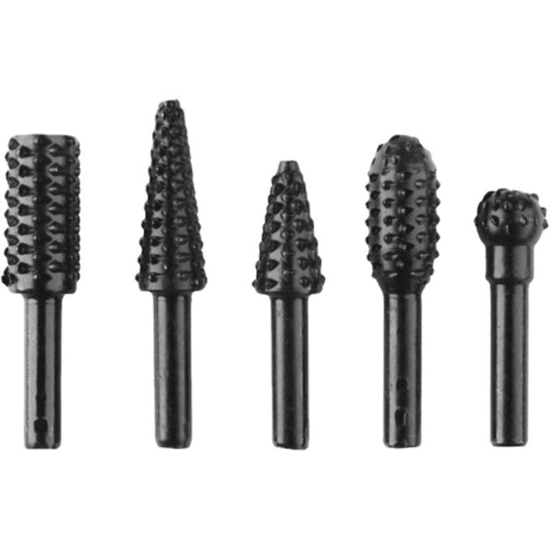 Image of Satz mit 5 rotierenden Stahlfräsern mit Griff zum Holzschleifen