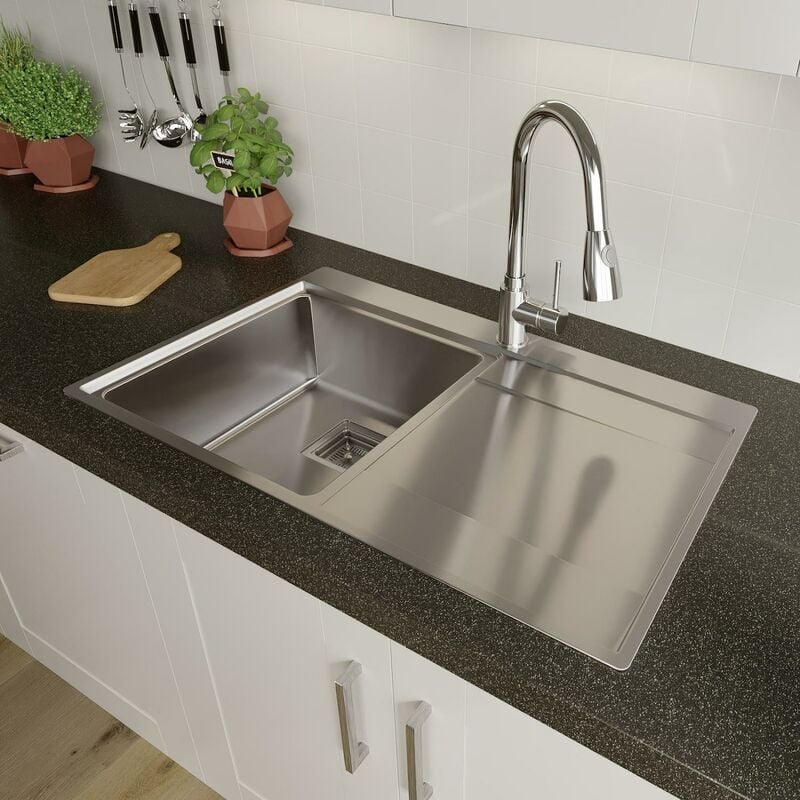 1.0 Bowl Kitchen Sink Stainless Steel Square Inset Right Drainer Waste - Silver - Sauber