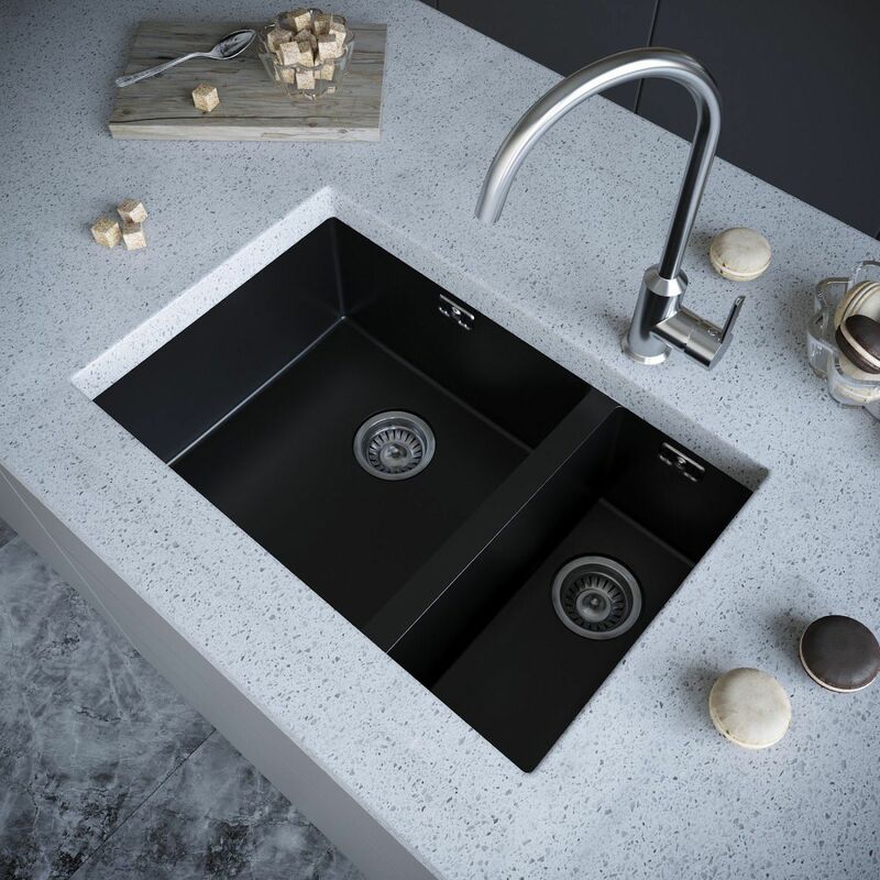 Sauber Kitchen Sink 1.5 Bowl 670x440mm Black Composite Undermount Inset Waste - Black