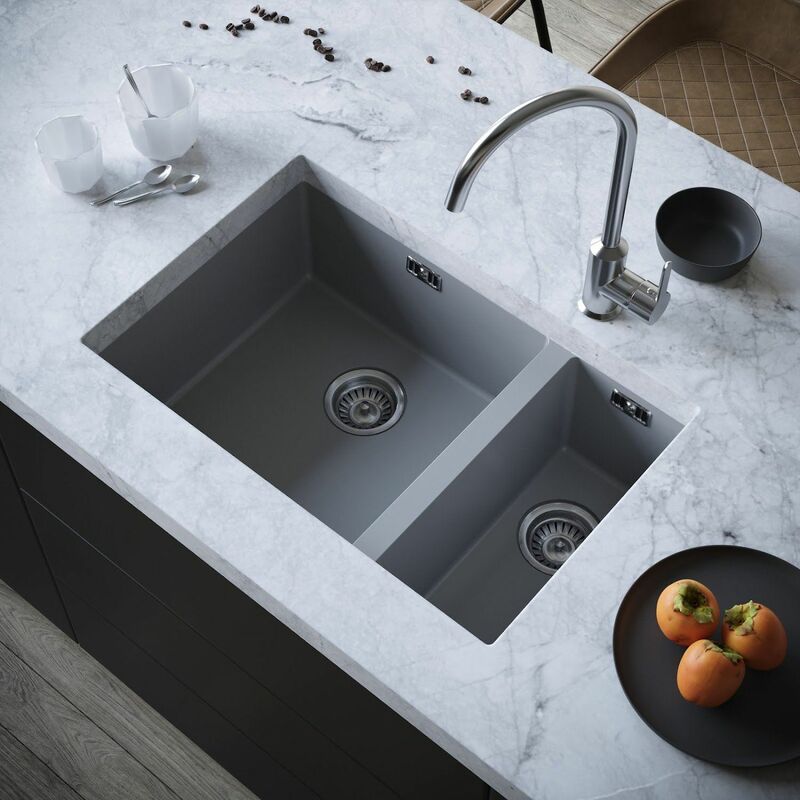 Kitchen Sink 1.5 Bowl 670x440mm Grey Composite Undermount Inset Waste - Grey - Sauber