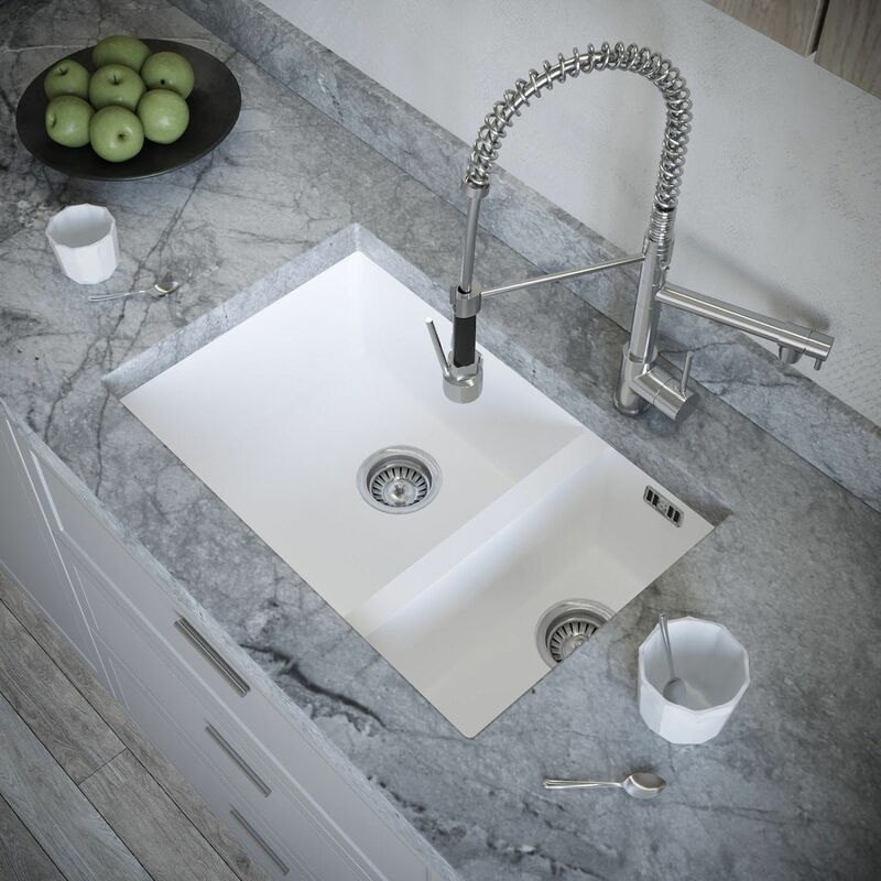 Kitchen Sink 1.5 Bowl 670x440mm White Composite Undermount Inset Waste - White - Sauber