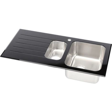 Sauber Kitchen Sink 1.5 Bowl LH Drainer Black Glass Stainless Steel Inset Waste