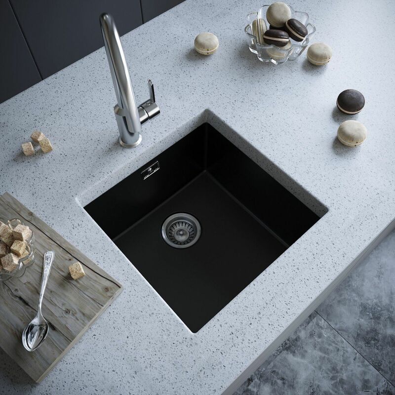Kitchen Sink Single Bowl 440x440mm Black Composite Undermount Inset Waste - Black - Sauber