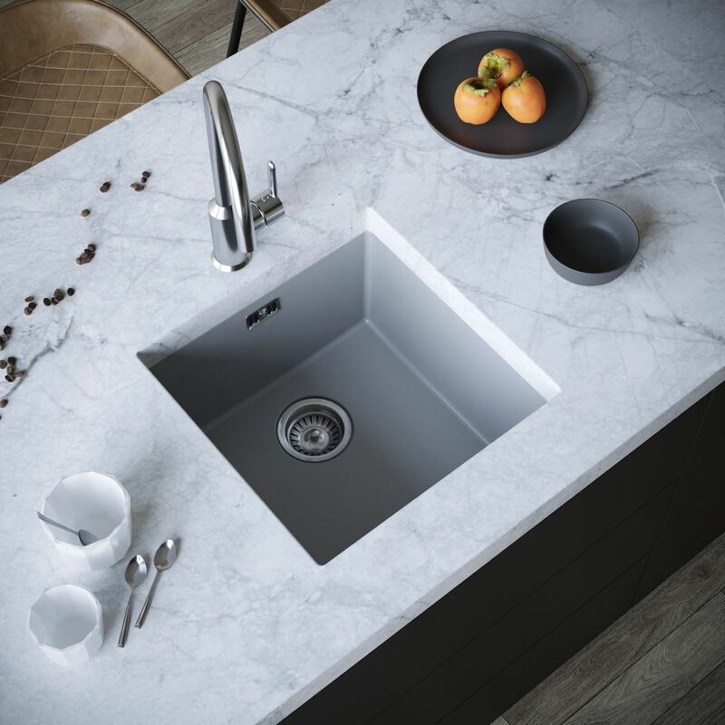 Kitchen Sink Single Bowl 440x440mm Grey Composite Undermount Inset Waste - Grey - Sauber