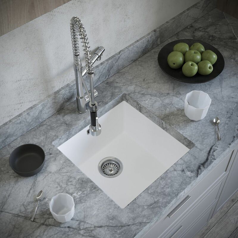 Kitchen Sink Single Bowl 440x440mm White Composite Undermount Inset Waste - White - Sauber