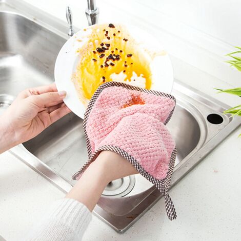 Saugfähiges Mikrofaser-Küchenhandtuch mit Aufhängeschlaufe – Korallenvlies (25 x 25 cm) – 1 Stück – Rosa