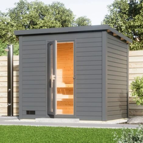 Sauna Bois Massif Extérieur 5 Places 38mm Poêle 9kW Gris Hytti Karibu