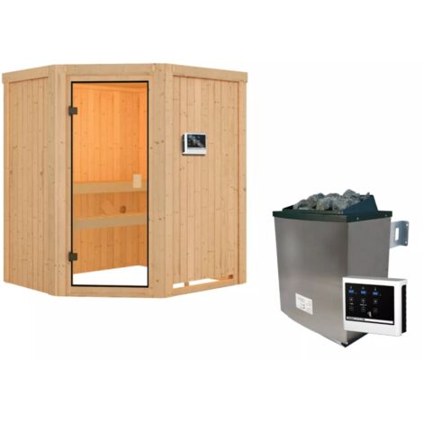 Sauna d'Angle 2-3 Places Bois Massif 68mm Poêle 9kW Karibu Faurin