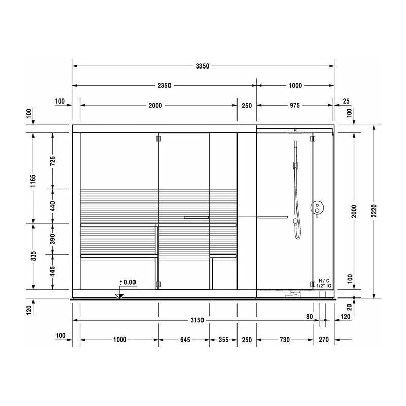 

Sauna Duravit INIPI 3350x1170x2220mm Independiente con nogal americano antideslizante