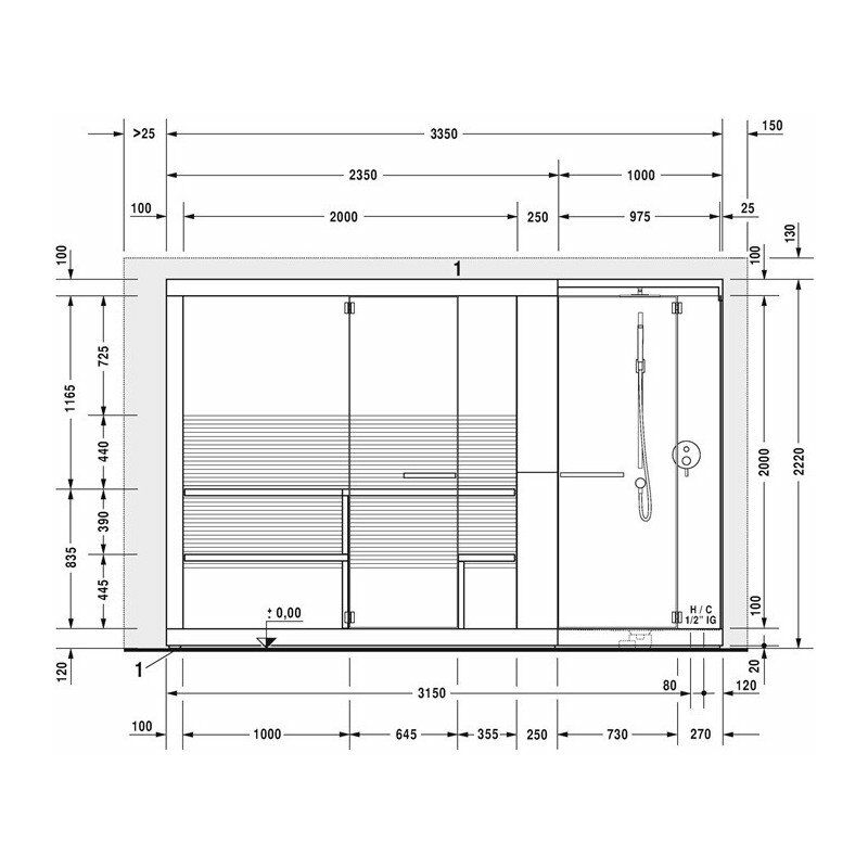 

Sauna Duravit INIPI 3350x1170x2220mm Independiente nogal americano