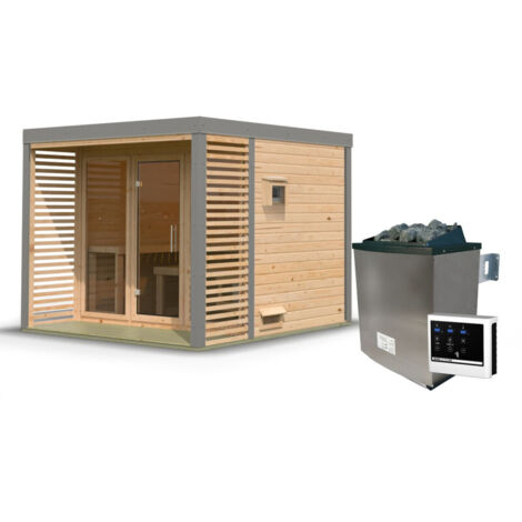 Sauna Exterieur 6-8 Places Epicea Nordique 38mm Terrasse Plancher Karibu Ares 3 Naturel
