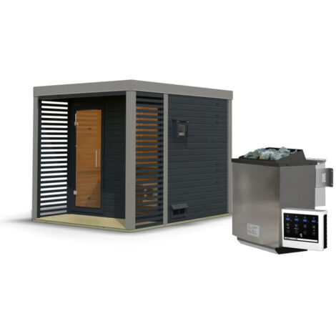 Sauna Extérieur Ares 2 Karibu 4-5 Places Epicéa Terrasse Poêle 9kW Anthracite
