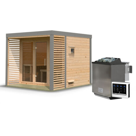 Sauna Extérieur Ares Karibu 6-8 Places Epicéa avec Terrasse 9kW