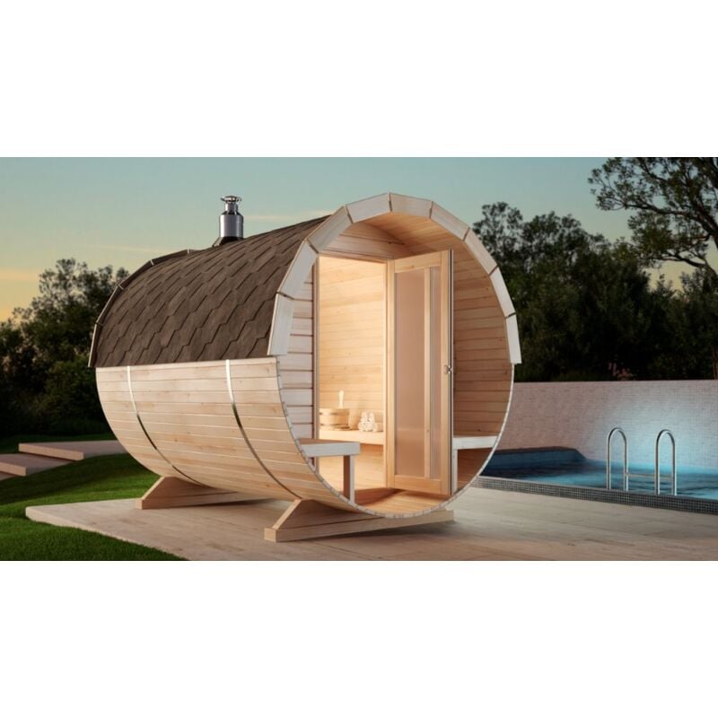 Finntherm - Sauna tonneau Méribel Naturel , 42 mm Épaisseur de paroi 215 x 280 cm