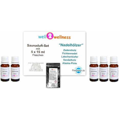 Saunaaufguss Set 5 x 15 ml Nadelhölzer plus 10g Mentholkristalle
