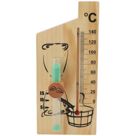 Saunathermometer mit Sanduhrfunktion (15 Minuten), Wandhalterung, Temperaturanzeige 0–140 °C, goldfarbene Holzoptik, Saunazubehör