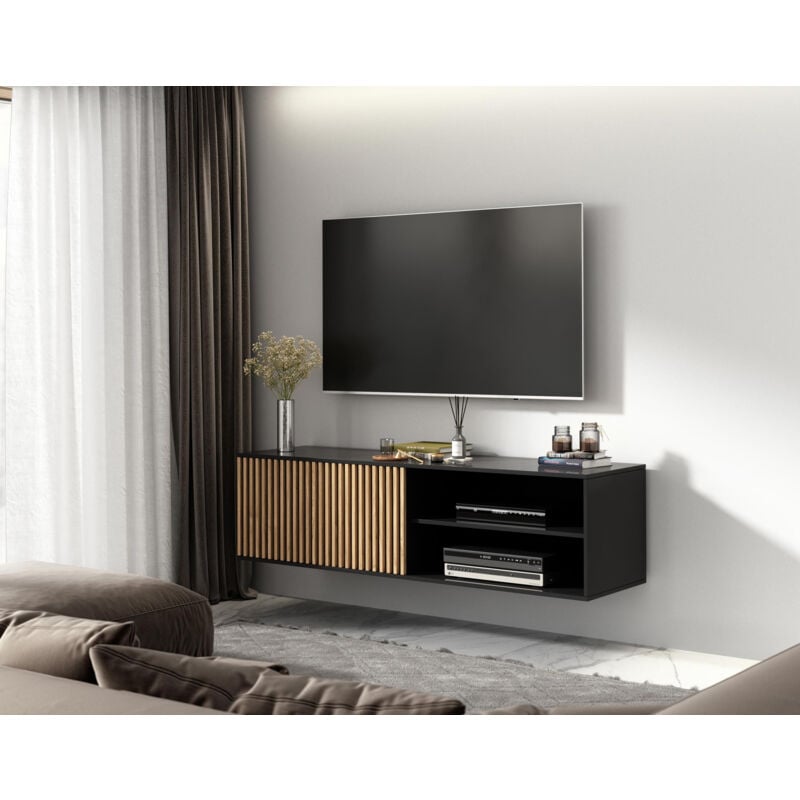 Bestmobilier - Savanna - meuble tv suspendu - bois et noir - 150 cm - bois / noir