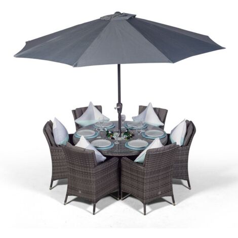 Savannah 6 Seater Grey Rattan Dining Table & Chairs with Ice Bucket Drinks Cooler | Outdoor Rattan Garden Dining Set with Parasol & Cover