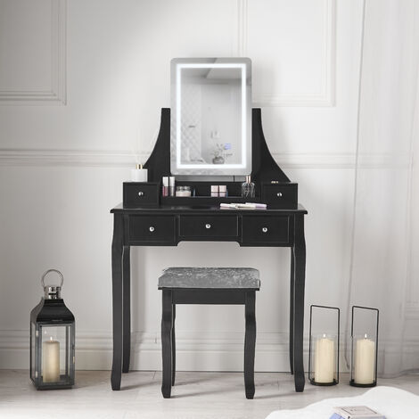 main image of "Savannah Black Dressing Table with Touch Sensor LED Lights Stool Set"