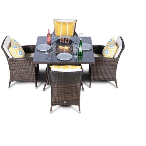 Savannah Fire Pit 4 Seater Square Rattan Dining Set - Brown