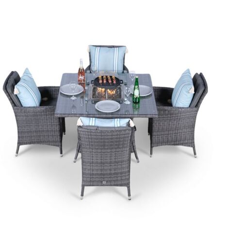 Savannah Fire Pit 4 Seater Square Rattan Dining Set - Grey