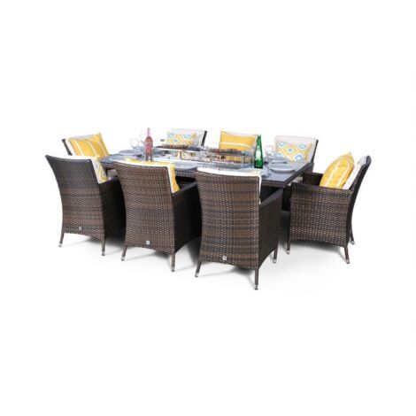 Savannah Fire Pit 8 Seater Rectangle Rattan Dining Set - Brown