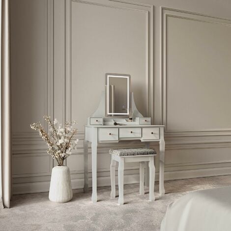 Savannah - Grey Dressing Table with Touch Mirror LED Light 5 Drawers Stool Set Vanity Dresser Bedroom Furniture Makeup Jewellery Storage Organiser - Grey