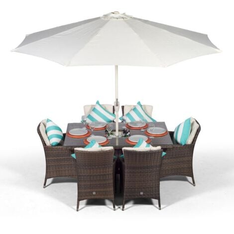 Savannah Rattan Dining Set | Rectangle 6 Seater Brown Rattan Table & Chairs Set with Ice Bucket Drinks Cooler | Outdoor Rattan Garden Dining Furniture Set with Parasol & Cover