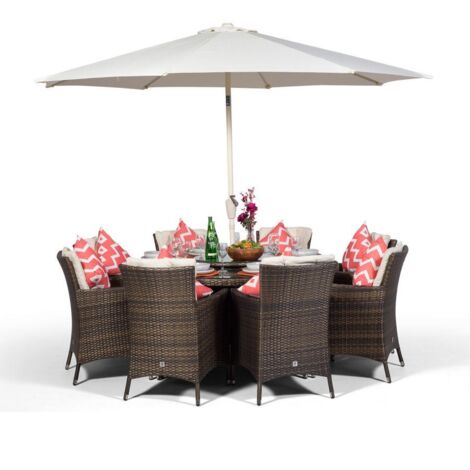 Savannah Round 8 Seater Rattan Patio Dining Set - Brown