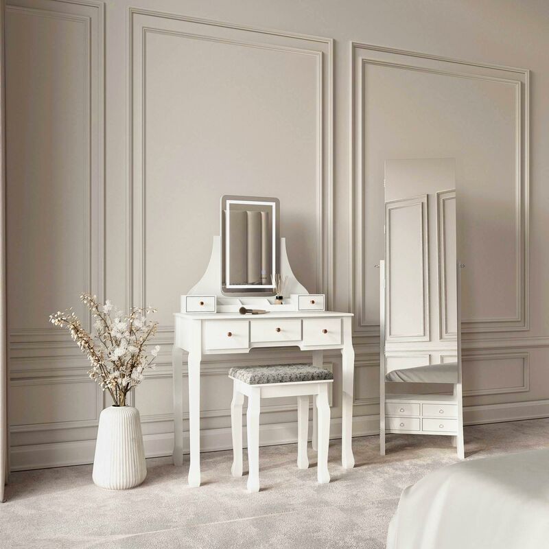 Carme Home - Savannah x Nikita White LED Mirror Dressing Table and Mirror Jewellery Cabinet 2 Piece Set