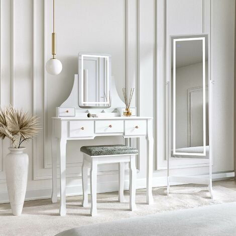 main image of "Savannah x Renee White Dressing Table Touch Screen LED Light Rectangle Mirror Jewellery Storage Makeup Cabinet"