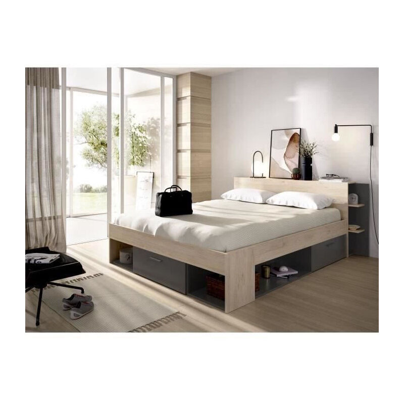 Les Tendances - sax Lit adulte - 160x200 cm - 3 tiroirs + Tete de lit avec rangement - Decor chene et anthracite