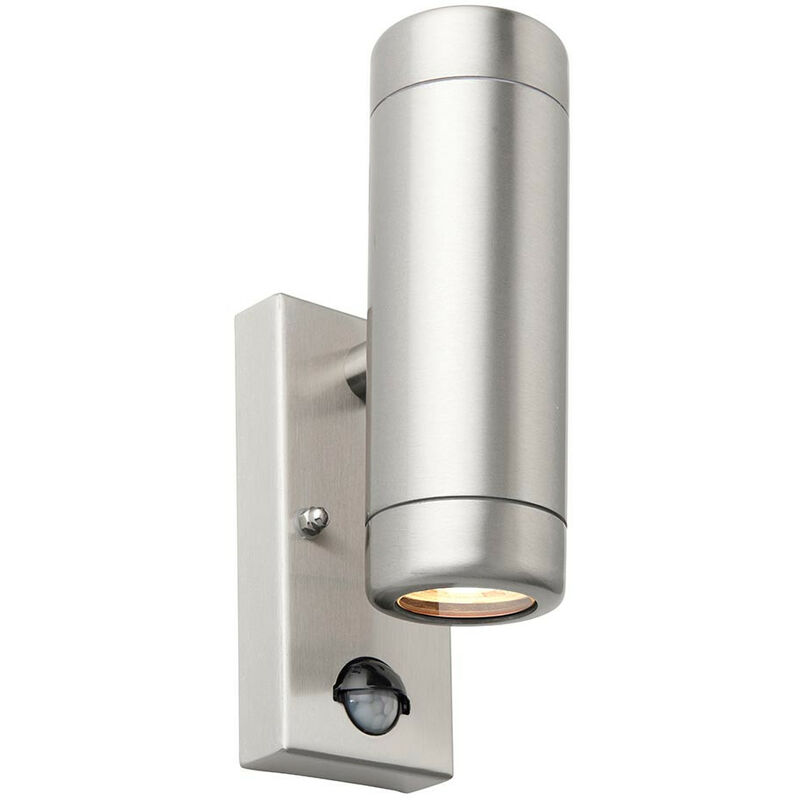 Saxby Odyssey pir Motion Sensor Up Down Wall Lamp Brushed Stainless Steel & Clear Glass IP44