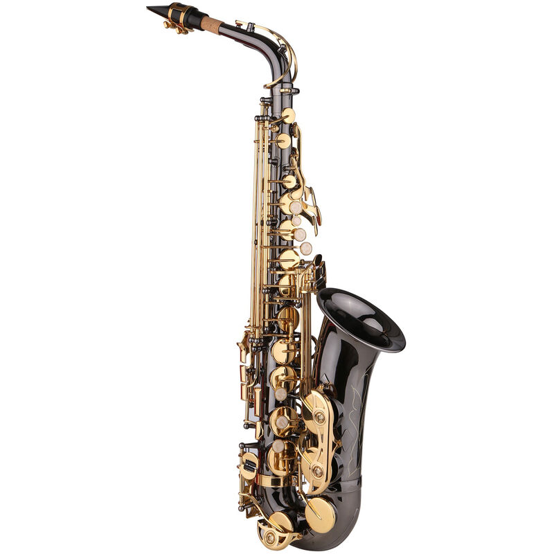 

Saxofon Eb Mi bemol Saxofon Alto Sax Cuerpo de laton niquelado con grabado Llaves de nacar Instrumento de viento de madera con estuche de transporte