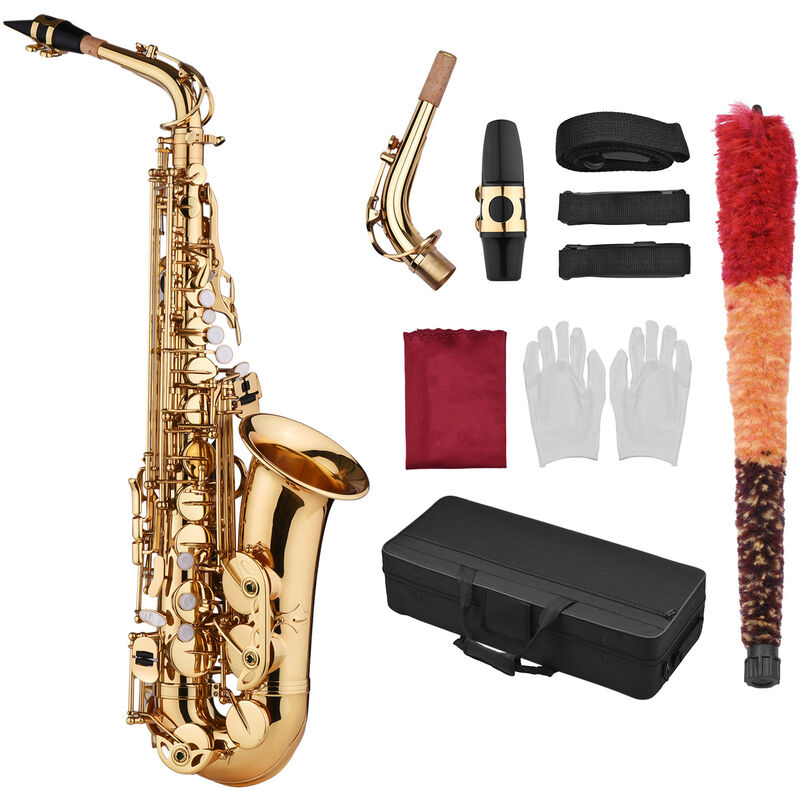 Saxophone sax eb be alto e plat laiton sculpte motif sur <strong>surface</strong> embout en plastique exquis avec gants chiffon de nettoyage brosse sangles, modele: or